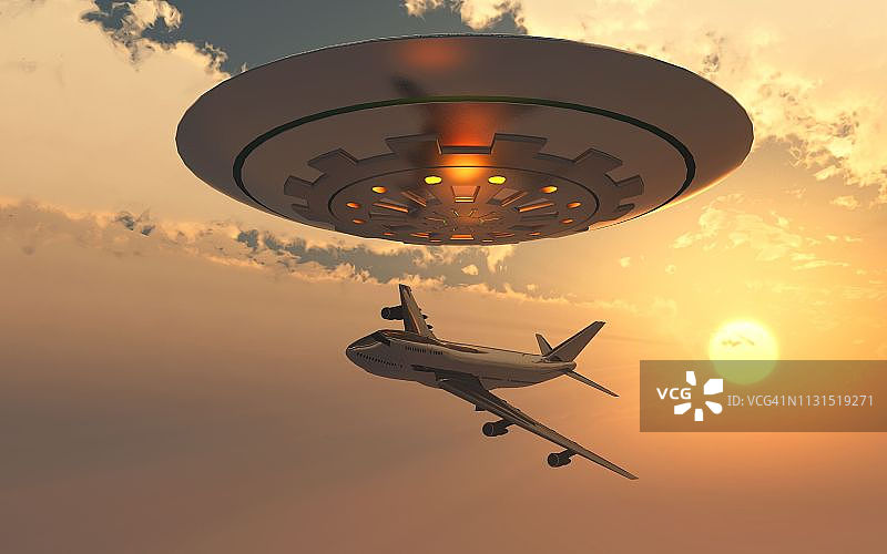 波音747飞机与不明飞行物近距离接触图片素材