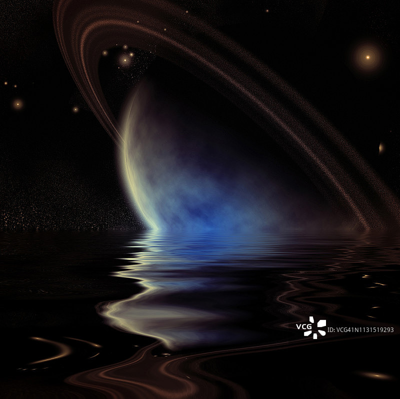 宁静水面上升起的系外行星图片素材