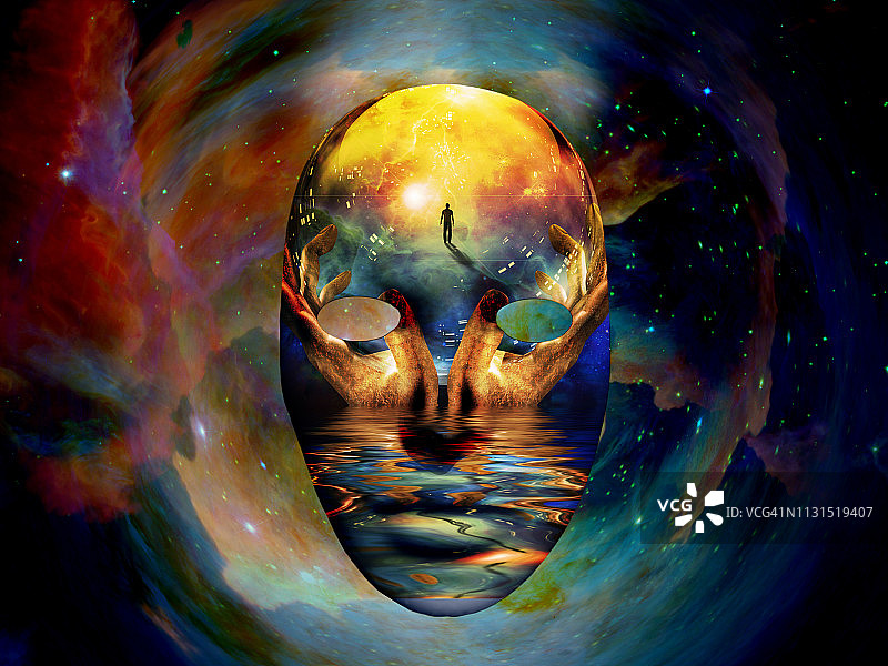 带有祈祷者、海滨和彩色宇宙图案的面具图片素材