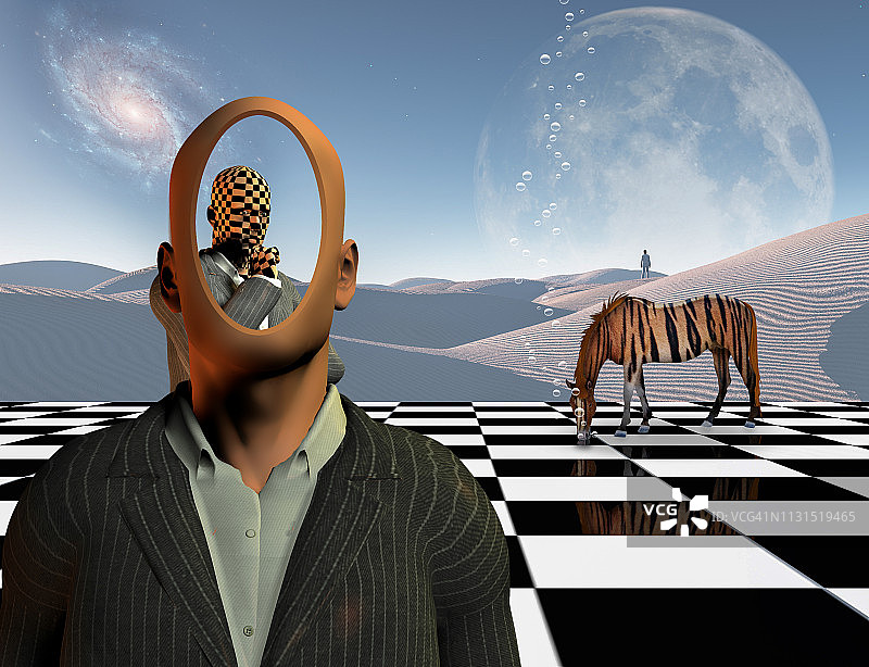 在棋盘上工作的无脸商人，身后是另一个思考的商人，远处是孤独的人，白色沙丘和条纹马（像老虎），3D渲染图片素材