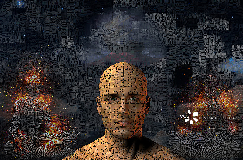 沙丘上的古代船只，莲花姿势燃烧的人像，带有拼图图案的人头图片素材