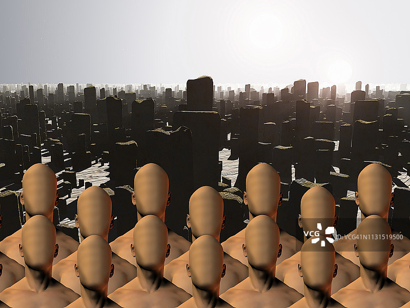 废墟前的无脸男人群图片素材