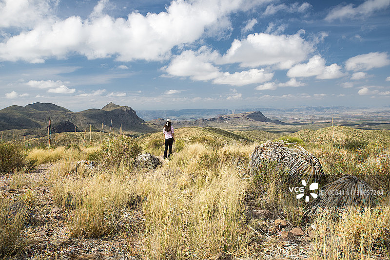 女人看着大弯国家公园的山脉图片素材