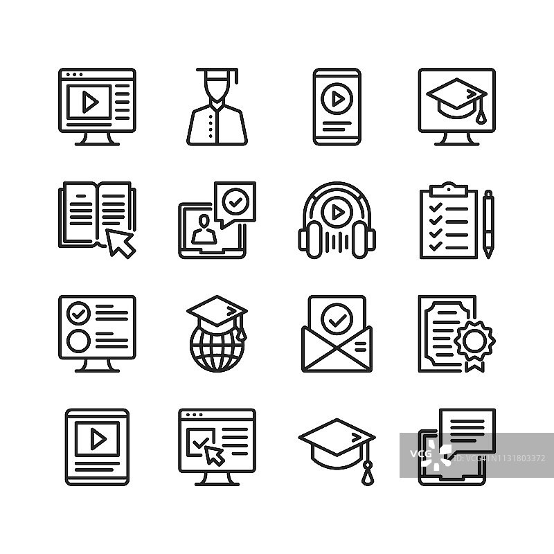在线教育图标集，在线辅导、在线学习概念，像素完美线性轮廓符号，细线设计矢量图标集图片素材