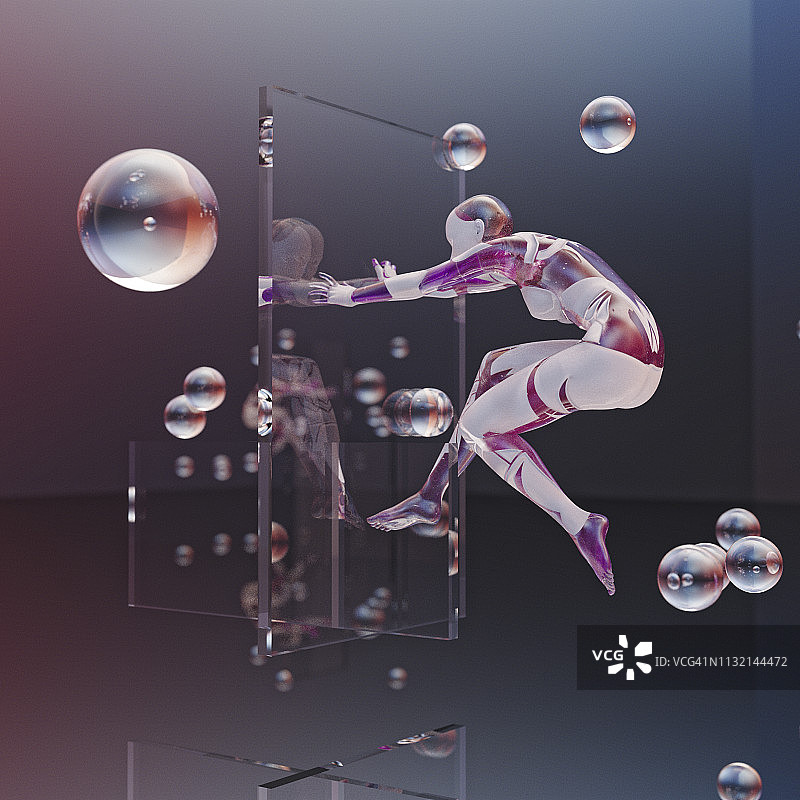跳入带有漂浮球体的传送门的女性图片素材