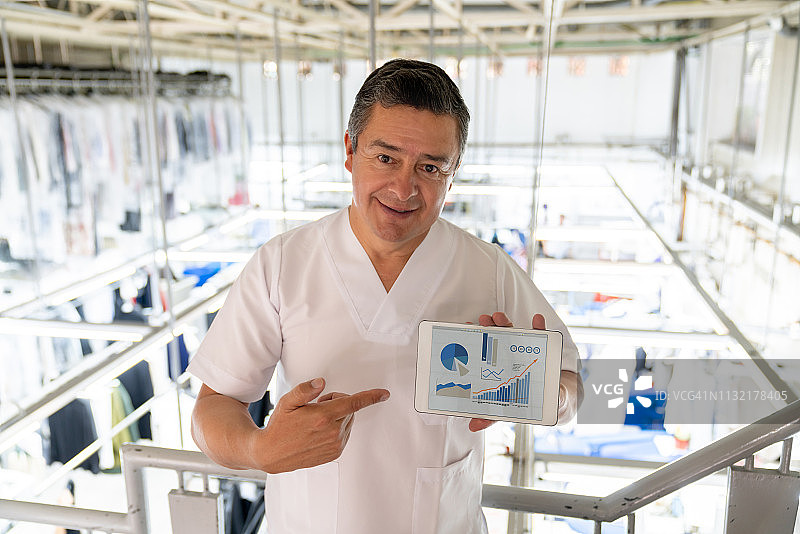 洗衣服务主管在平板电脑上展示业务增长，对着镜头微笑的男士肖像图片素材