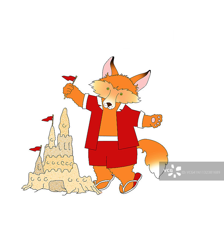 狐狸建造沙堡的插画图片素材
