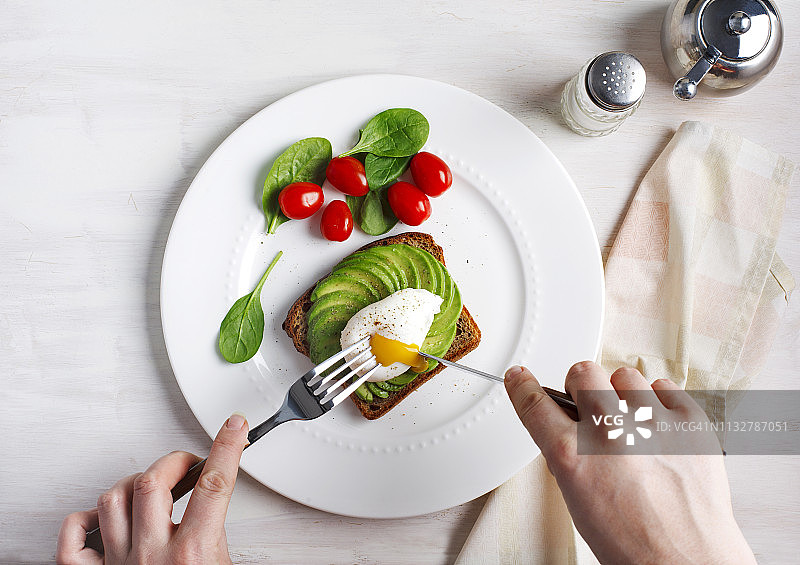 牛油果水波蛋三明治：健康早餐图片素材