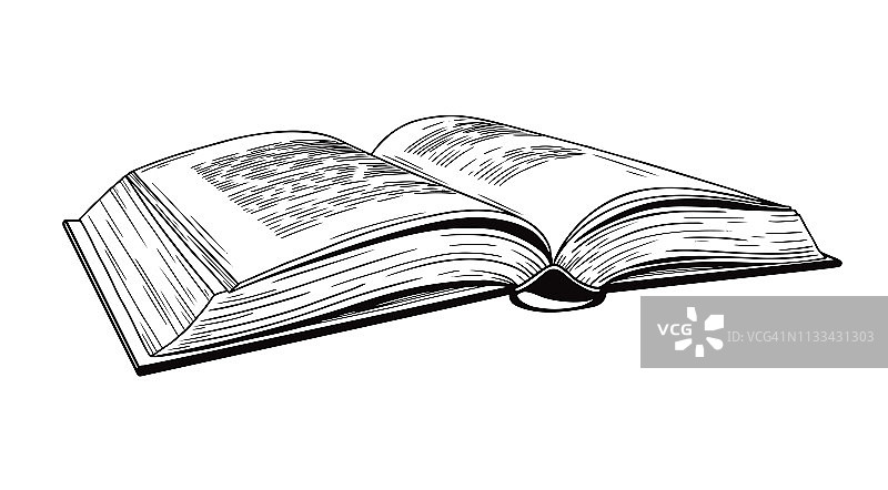 打开的书的逼真素描，该书与白色背景隔离，矢量图图片素材