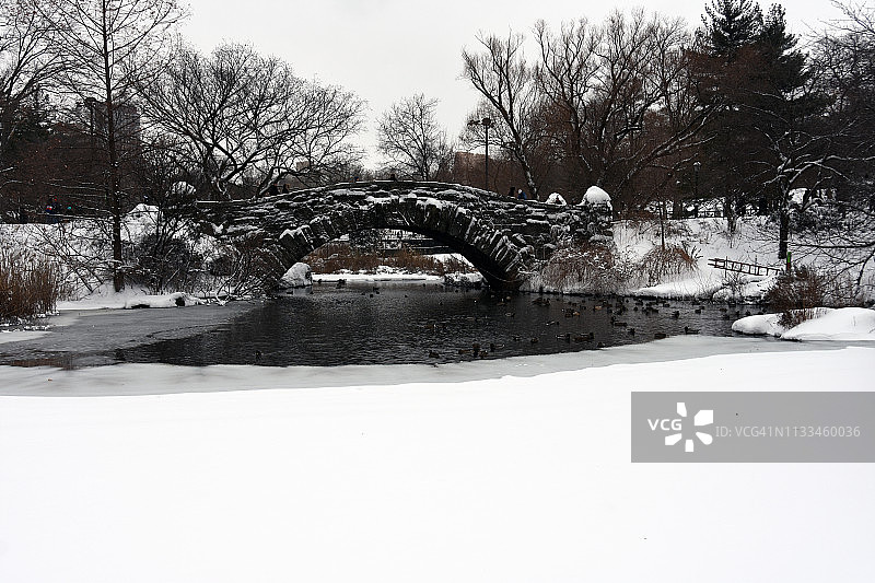 在纽约市中央公园降雪9.8英寸后拍摄的Gapstow桥照片，拍摄于2018年1月4日星期四。图片素材