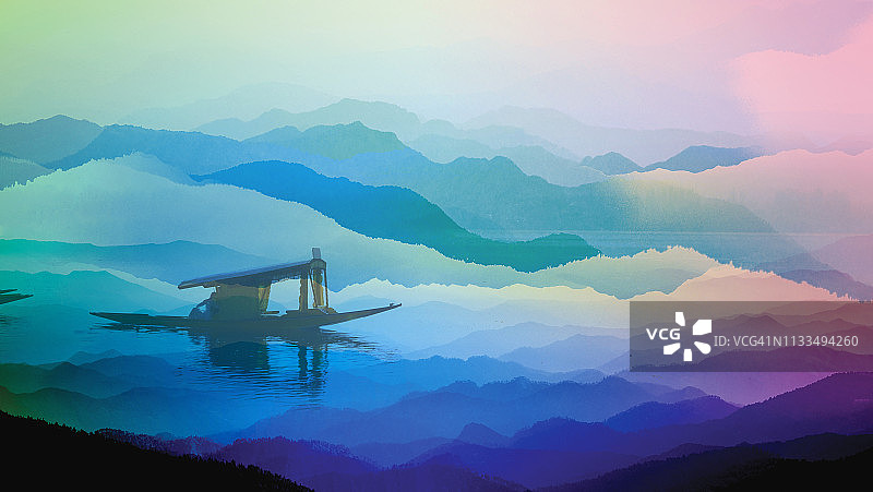 阿尔卑斯湖上的帆船，抽象的雾山彩色壁纸数字艺术渐变粉彩背景图片素材