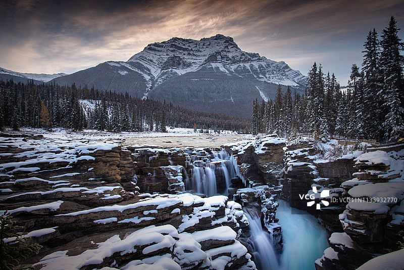 加拿大落基山脉贾斯珀国家公园哥伦比亚冰原的阿萨巴斯卡瀑布日出图片素材
