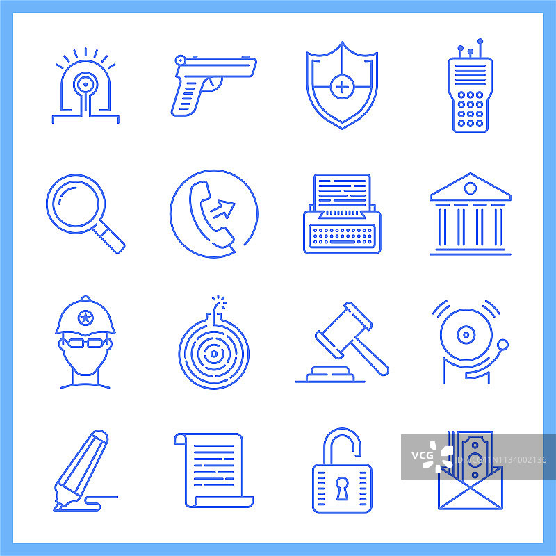 保释制度与公平正义蓝图风格矢量图标集图片素材