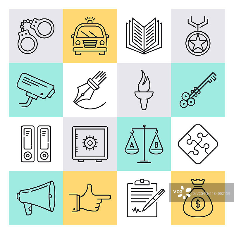 犯罪、惩罚和分类线性风格矢量图标集图片素材