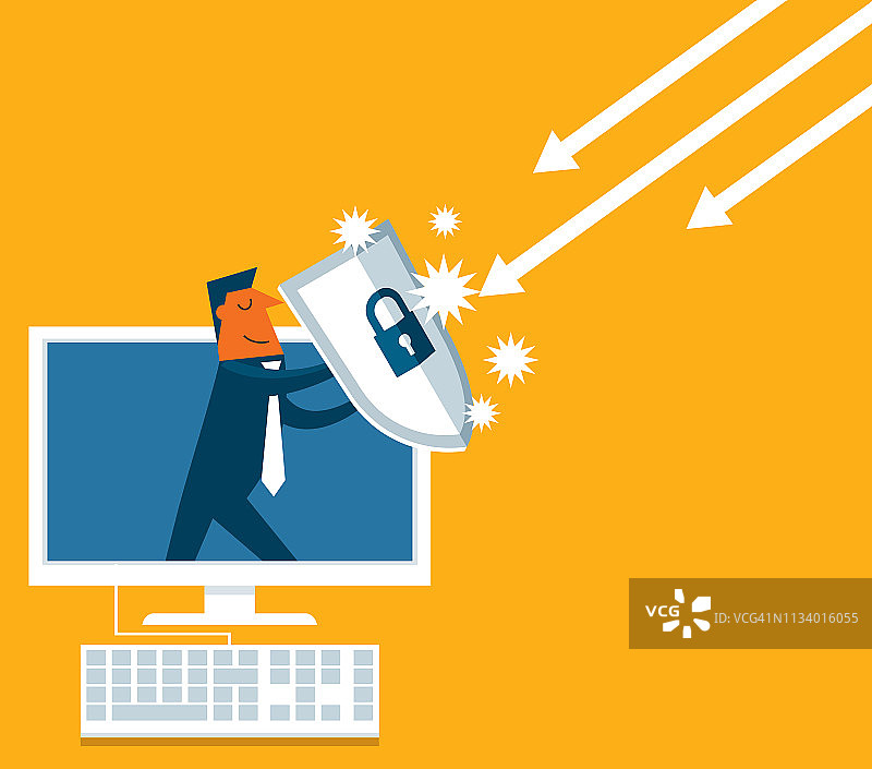 拿着盾牌从电脑里走出来的商人图片素材