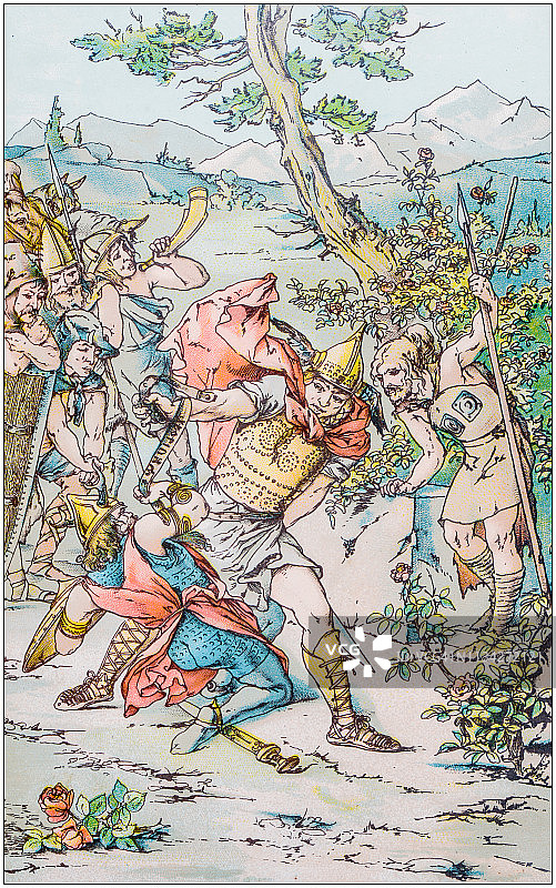 德国儿童寓言书中的古董彩色插图图片素材