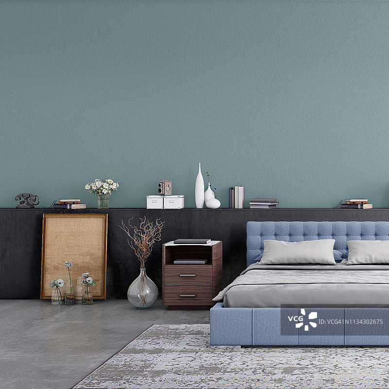 现代卧室内部与空白墙的复制空间图片素材