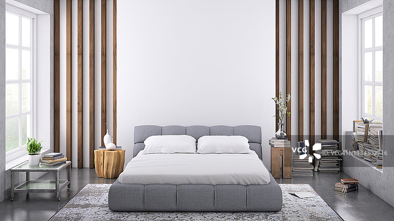 现代卧室内部与空白墙的复制空间图片素材