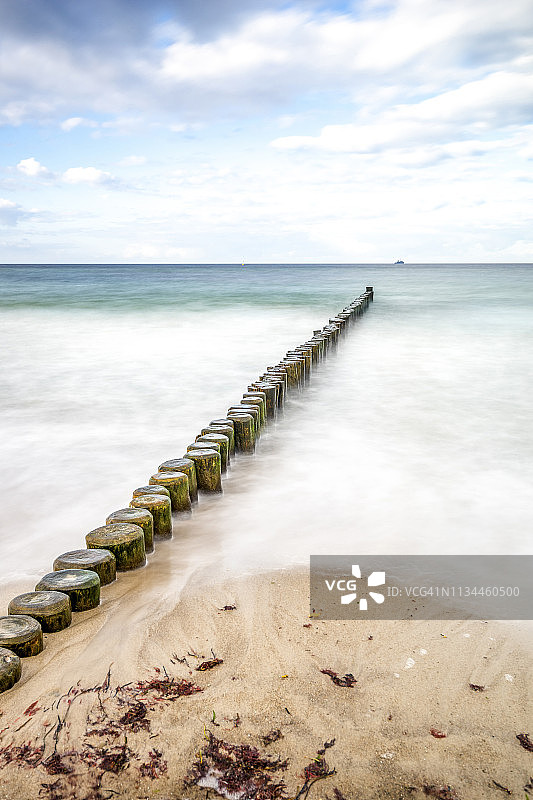 德国海利根达姆：波罗的海，防波堤，从海滩到地平线的视角，长时间曝光图片素材