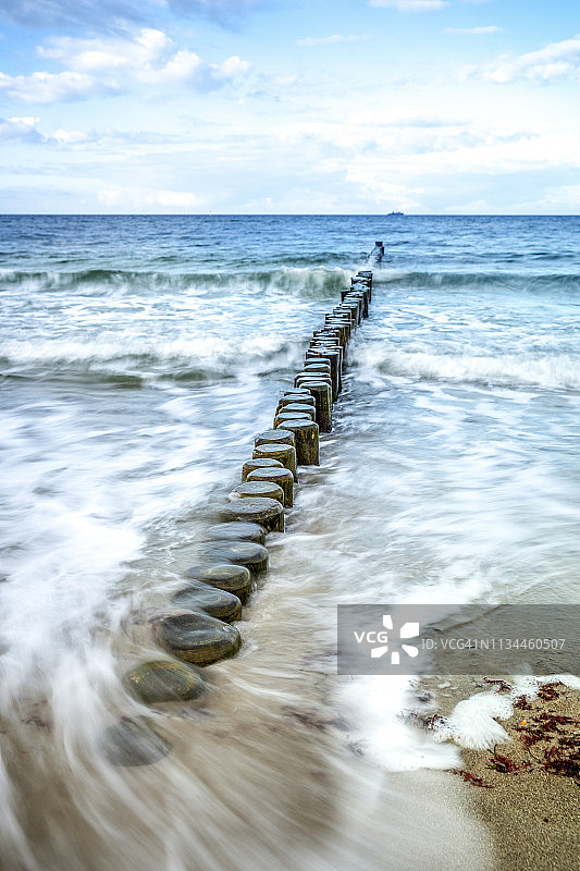 德国海利根达姆：波罗的海，防波堤，从海滩到地平线的视角，长时间曝光图片素材