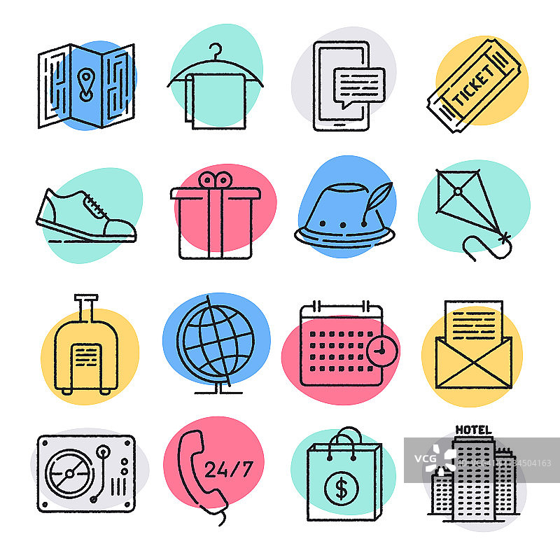 活动许可和季票涂鸦风格矢量图标集图片素材