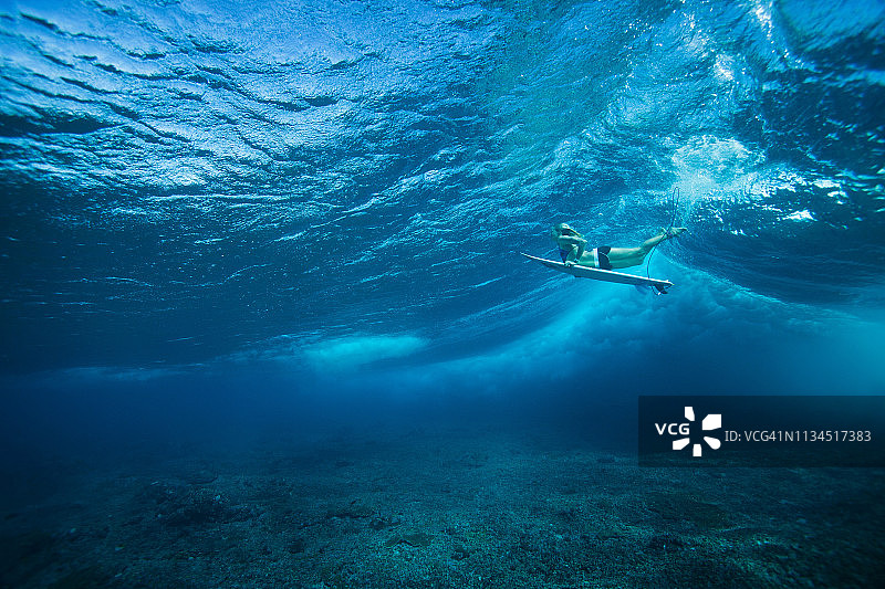 水下视角：海浪中的冲浪者图片素材