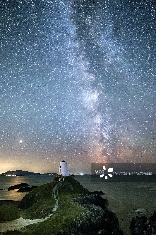 特尔莫尔灯塔的银河夜空，英国北威尔士兰德温岛，安格尔西岛图片素材
