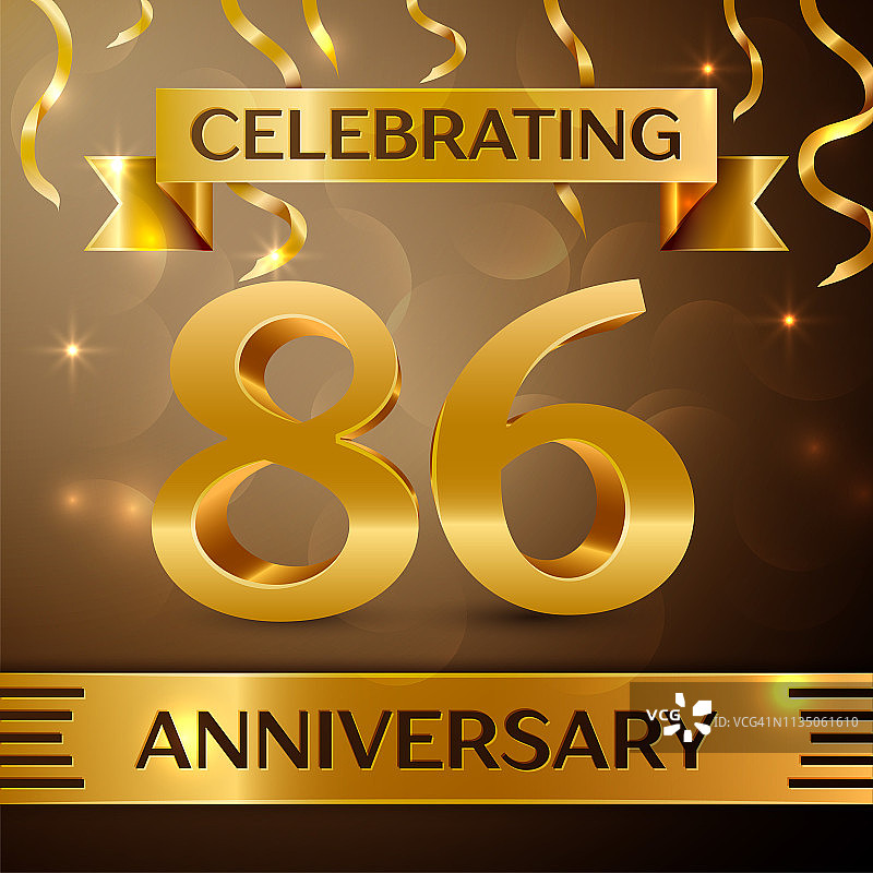 86周年庆典设计，棕色背景上的五彩纸屑和金色丝带图片素材