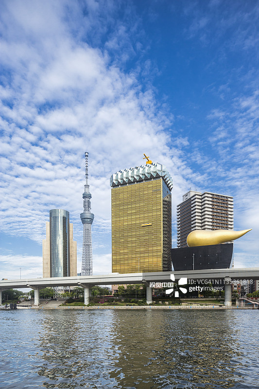 东京晴空塔、朝日火焰大厦、吾妻桥和隅田川图片素材