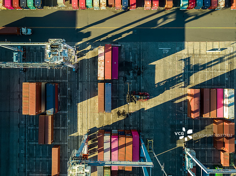 航运码头集装箱中顶部装卸机和跨运车的航拍俯视图图片素材