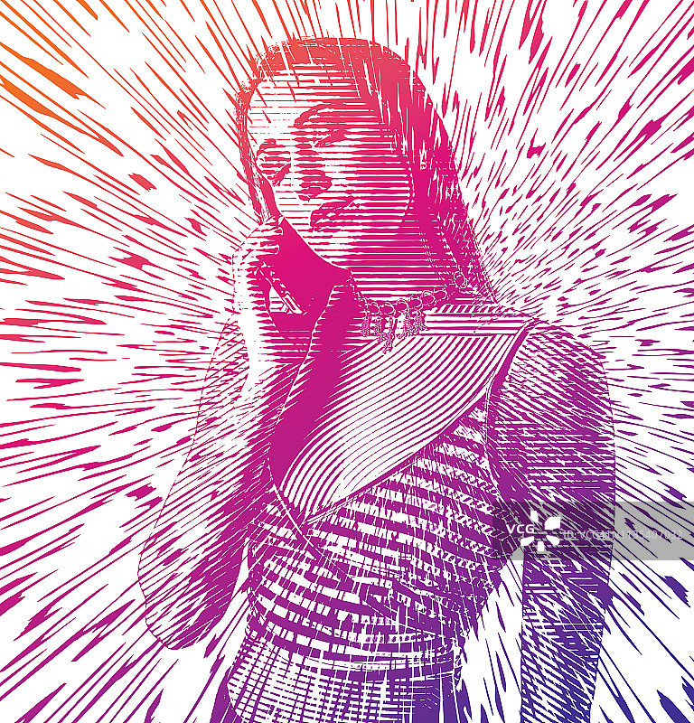 年轻女子使用带有矢量光线的手机图片素材