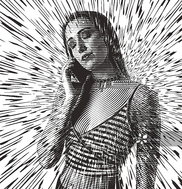 年轻女子使用带有矢量光线的手机图片素材