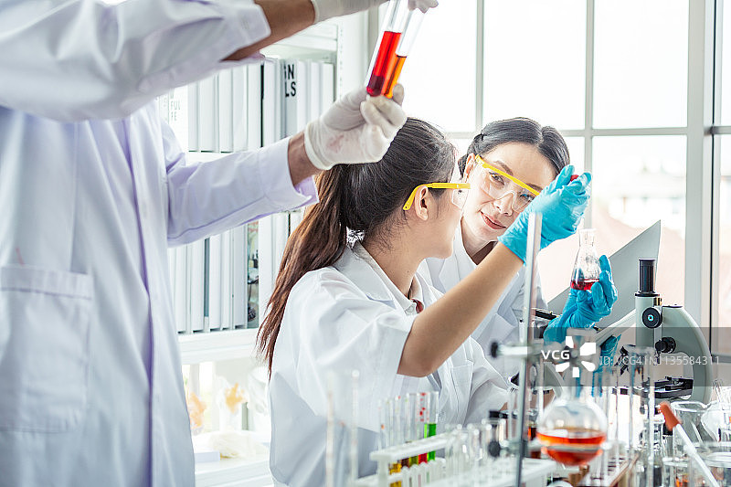 科学家与高级教师在实验室进行教学研究头脑风暴图片素材