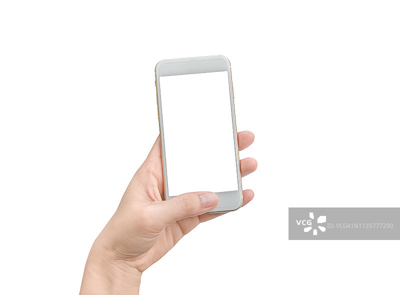 白色背景上拿着手机的特写，智能手机白色屏幕样机图片素材