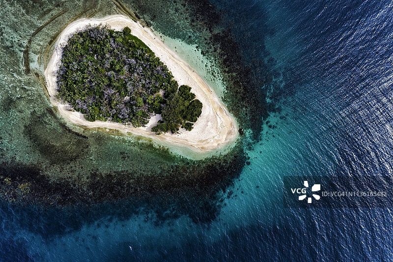 加勒比海热带小岛鸟瞰图：白色沙滩、珊瑚礁和椰子树图片素材