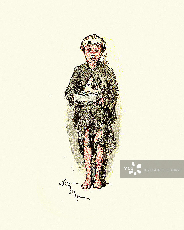 19世纪维多利亚时期在伦敦东区卖火柴的街头儿童图片素材