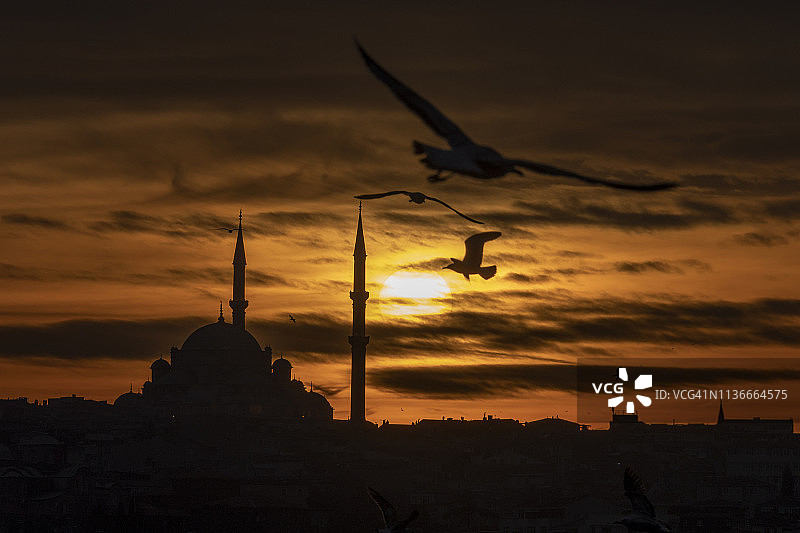 土耳其伊斯坦布尔法蒂赫清真寺日落景观图片素材