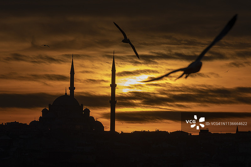 土耳其伊斯坦布尔法蒂赫清真寺日落景观图片素材