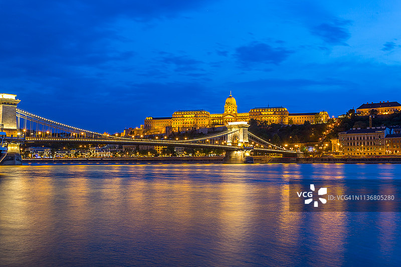 布达城堡与链桥在黄昏时的低角度景观图片素材