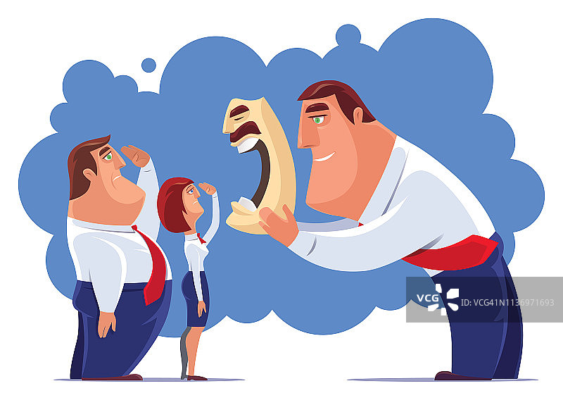 商务情侣向愤怒的面具敬礼图片素材