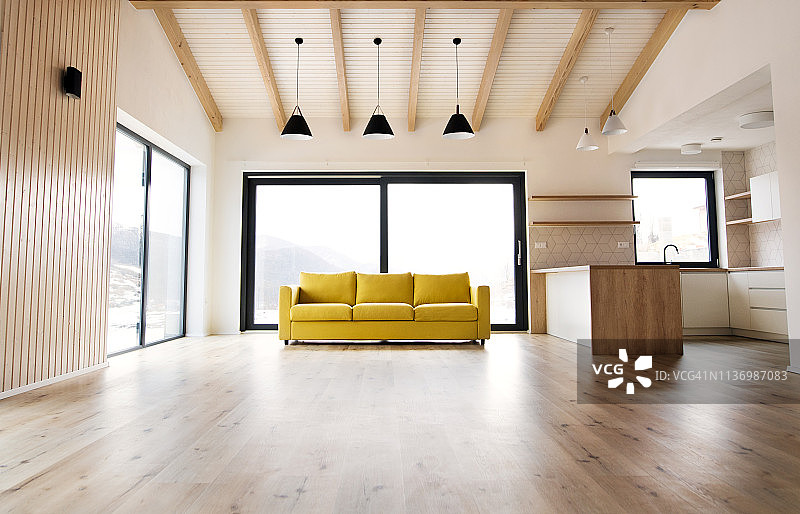 现代白色空旷厨房和客厅室内设计图片素材