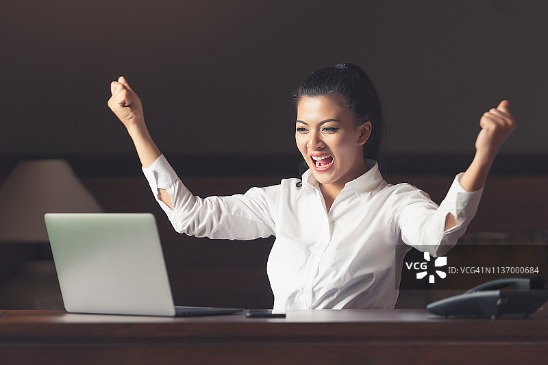 商务成功：快乐的女人和笔记本电脑图片素材