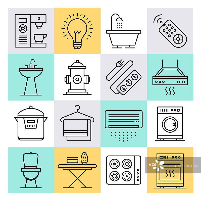 智能住宅与家居自动化轮廓风格矢量图标集图片素材