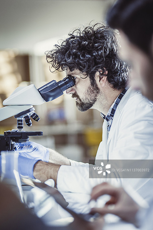 科学家在实验室使用显微镜工作图片素材
