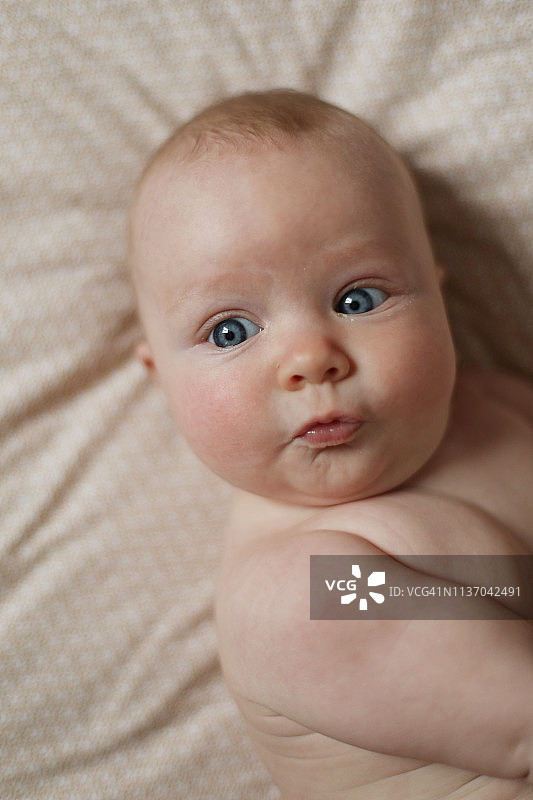 四个月大婴儿躺在床上的肖像图片素材