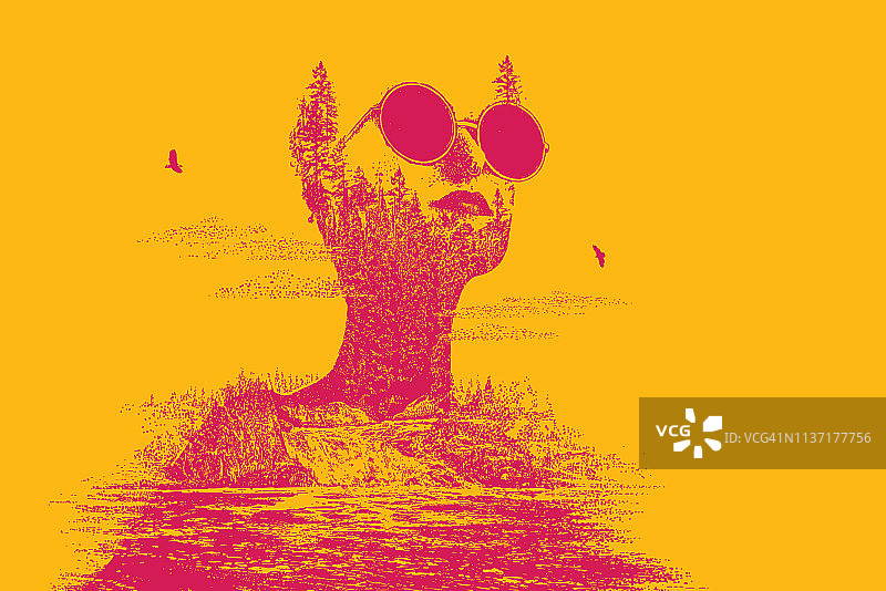 女子与瀑布的重曝效果图片素材