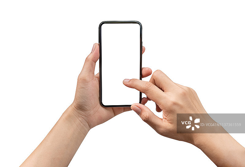 女性手持智能手机拍照，白色背景图片素材