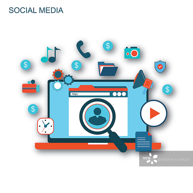 社交媒体主题扁平风格矢量图标集，适用于信息图表、网站、移动和印刷媒体图片素材