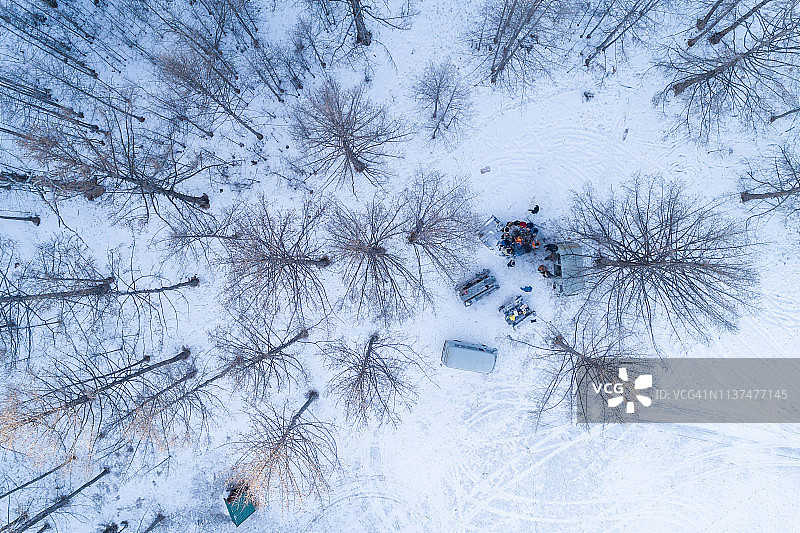 冬季松树林中篝火旁的旅游团鸟瞰图片素材