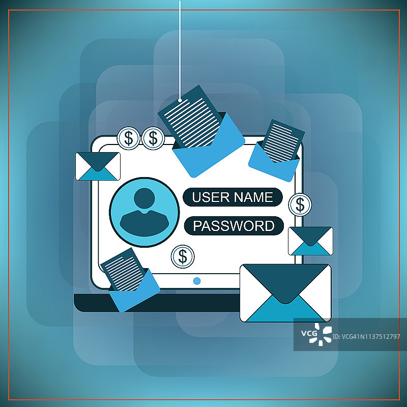 通过互联网进行网络钓鱼矢量图。通过电子邮件欺骗或即时消息进行钓鱼。黑客攻击信用卡或个人网站。网络银行帐户攻击。在线安全图片素材